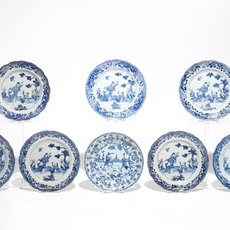Seven Chinese blue and white plates with figural design, Kangxi/Yongzheng
