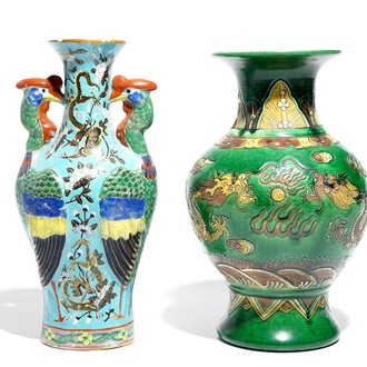 A Chinese Dayazhai-style vase with phoenix handles and a green-glazed dragon vase, 19/20th C.