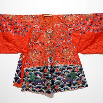 A Chinese embroidered red silk robe, Qing