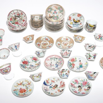 Thirty-three Chinese famille rose cups and twenty-two saucers, Yongzheng/Qianlong