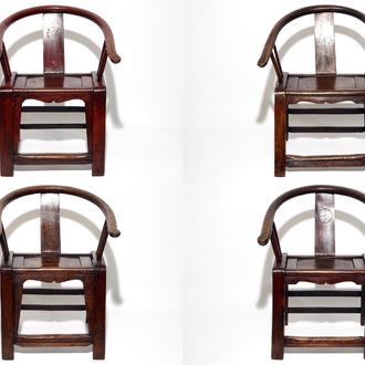 Four Chinese wood yoke-back chairs, 19/20th C.