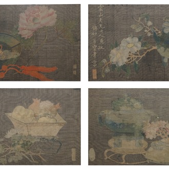 A set of four Chinese paintings of antiquities and flowers, framed, 19th C.