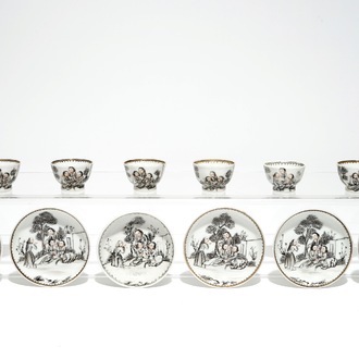 Six Chinese miniature grisaille cups and saucers with Jesuits, Qianlong