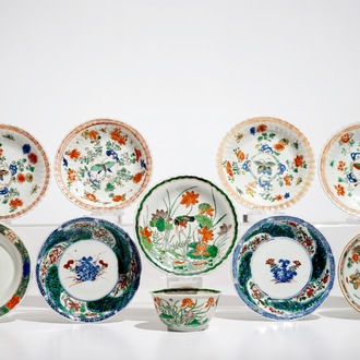 A Chinese famille verte cup and saucer and eight saucers, Kangxi