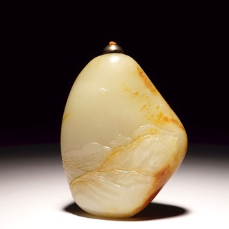 A Chinese brown jade snuff bottle with landscape design, 19/20th C.
