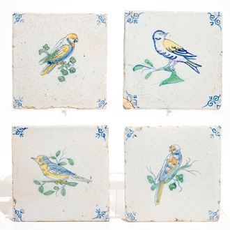 Four polychrome Dutch Delft tiles with birds, 17th C.