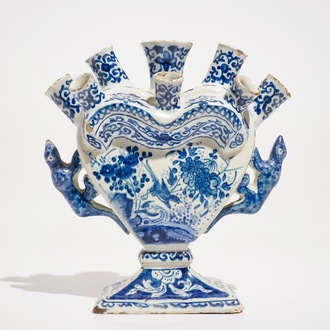 A Dutch Delft blue and white heart-shaped tulip vase, 1st half 18th C.