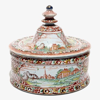 A Dutch Delft polychrome petit feu tobacco box and cover with fine landscapes, 18th C.