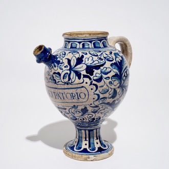 A blue and white Antwerp maiolica "A foglie" wet drug jar, 16th C.
