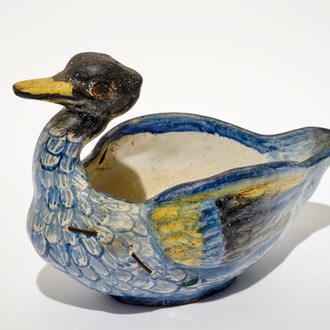 A polychrome duck-shaped sauce boat, Northern France, 18th C.