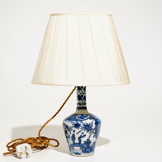 A Dutch Delft blue and white chinoiserie vase mounted as lamp, 18th C.
