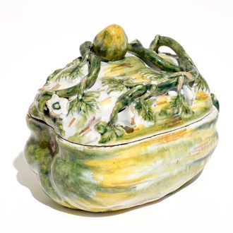 A polychrome Dutch Delft pumpkin-shaped tureen and cover, 18th C.