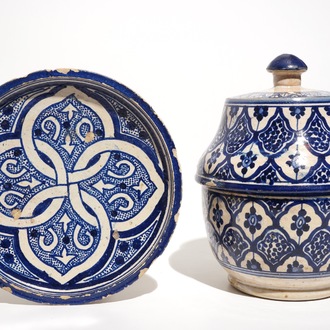 A blue and white Islamic pottery covered bowl and a dish, Northern Africa, Tunisia or Morocco, 19th C.