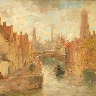 Frank, Lucien (Belgique, 1857-1920), Une vue sur la Groenerei à Bruges, huile sur panneau