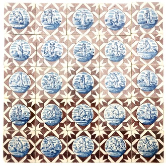 A field of 25 Dutch Delft tiles with figural designs in blue and manganese, 18th C.