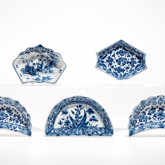 Five Dutch Delft blue and white condiment dishes, 17/18th C.