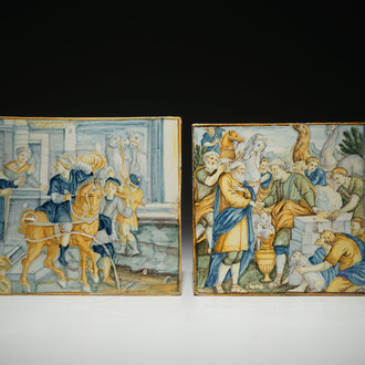 Two rectangular polychrome Castelli faience plaques, Italy, 18th C.