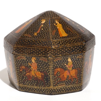 A Kashmir painted papier mache turban box with figurative design, India, 19th C.