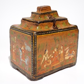 A polychrome painted papier mache storage box and cover, prob. India, 19th C.