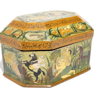 A fine painted papier mache box and cover with hunting scenes, Qajar, Iran, 19th C.