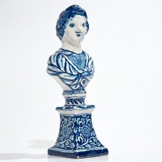 A Dutch Delft blue and white bust on stand, 17/18th C.