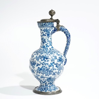 An attractive Dutch Delft blue and white gadrooned pewter-mounted jug, 2nd half 17th C.