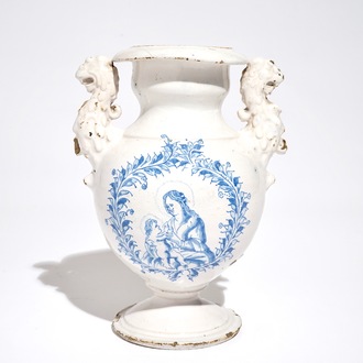 A Dutch Delft or Haarlem altar vase with Virgin and child, 17th C.