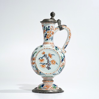 A pewter-mounted Dutch Delft cashmire palette relief-decorated jug, 1st half 18th C.