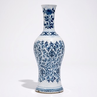 A Dutch Delft blue and white chinoiserie vase with Ming style peony scrolls, 2nd half 17th C.