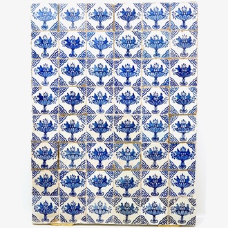 A field of 48 Dutch Delft blue and white tiles with fruit tazza, 17th C.