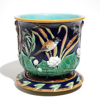 A George Jones Art Nouveau majolica jardiniere on stand, 19th C.