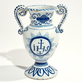 A Dutch Delft blue and white altar vase with IHS inscription, 18th C.