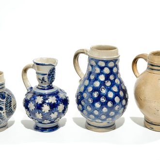 Four Westerwald stoneware jugs, Germany, 17th C.