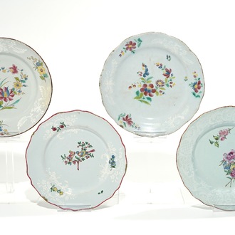 Four polychrome French faience plates, Saint-Amand-les-Eaux, 18th C.