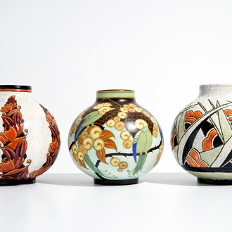 Trois vases art deco aux émaux craquelés et mats, Charles Catteau pour Boch Kéramis, 1ère moitié du 20ème