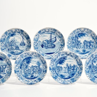 Seven fine Dutch Delft blue and white biblical plates, 18th C.