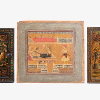 Deux cadrans de mirroir en papier mâché peint et laqué et un panneau peint, Qajar, Iran, 19ème