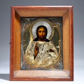 A Russian silver and gilt brass icon of Christ alvator Mundi, marked, ca. 1880