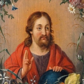 Daniel Seghers (Anvers, 1590-1661), attribué, Le Christ Sauveur dans une guirlande de fleurs, huile sur panneau