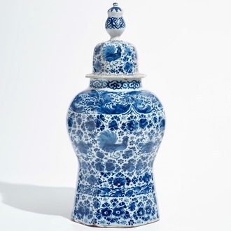 A large Dutch Delft blue and white covered vase, 18th C.