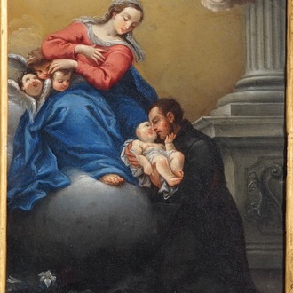 Cornelis Schut III (Antwerpen ca. 1629-Sevilla, 1685), omgeving van, Madonna met kind en Sint-Antonius, olie op koper