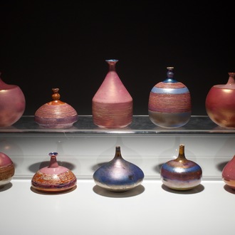 Ten small modernist vases with various blue and pink glazes, Perignem and Amphora, 2nd half 20th C.