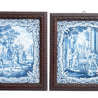 Two rectangular blue and white Delft style German faience stove tiles, 18th C.