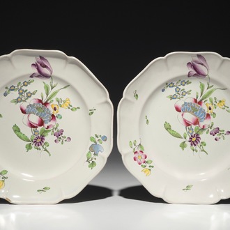 A pair of French faience plates with floral design, Joseph Hannong, Strasbourg, 18th C.