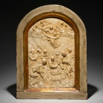 Un grand relief en albâtre à décor "L'Adoration des bergers ", monogramme IB, poss. Malines, 17ème