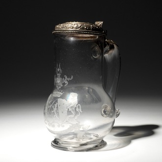 An armorial engraved glass tankard with fine silver lid, marked Augsburg, Germany, 17th C.