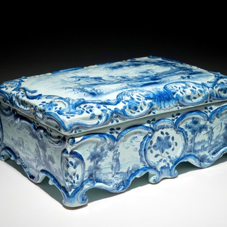 A rectangular Dutch Delft blue and white box and cover, 19th C.