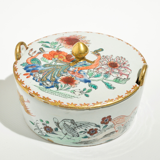 A polychrome Dutch Delft petit feu butter tub after a Chinese famille rose example, 18th C.