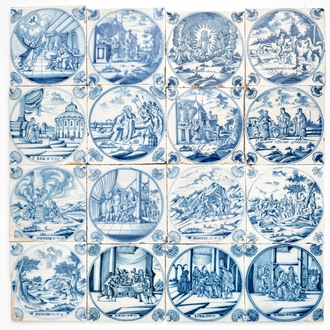 A field of 16 Dutch Delft blue and white biblical tiles with carnation corners, 18th C.