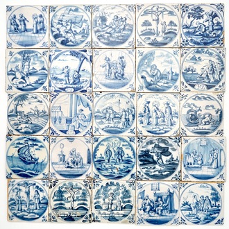 A field of 25 Dutch Delft blue and white tiles with religious scenes in central medallions, 18th C.